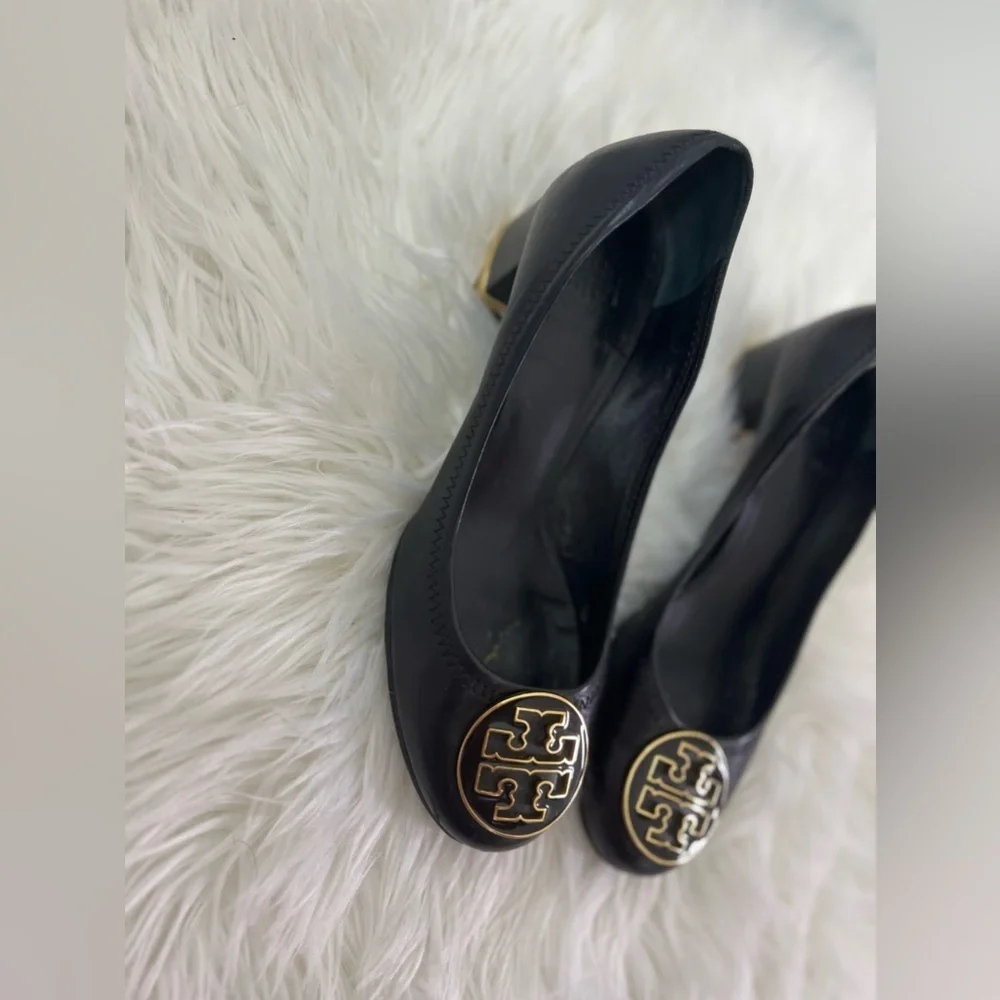 Tory Burch Black Leather Logo Ballet Flats with Gold Emblem
